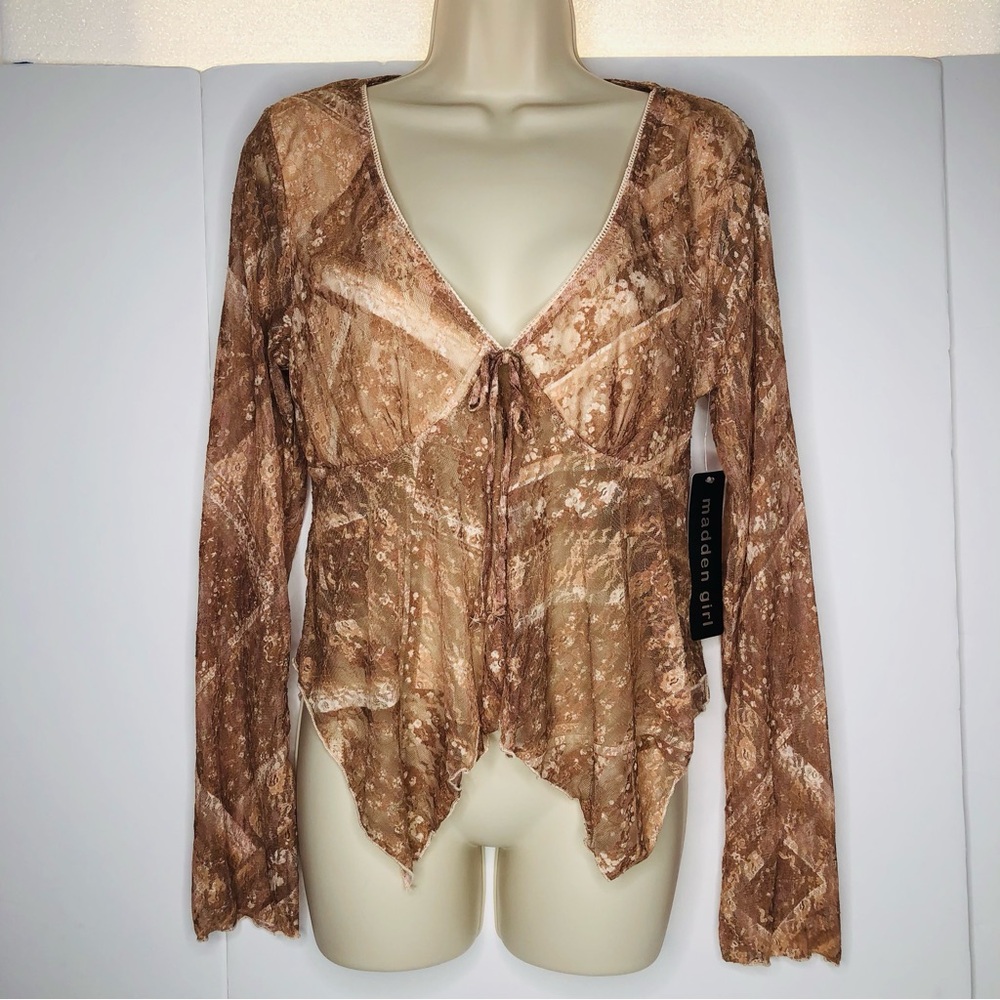 Madden Girl Y2K Asymmetrical Babydoll Top XL Brown Floral Mesh Sheer Y2K Lace
